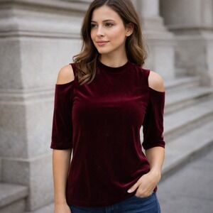 Burgundy Velvet Cold Shoulder Mock Neck Top Small  3/4 Sleeve Women's